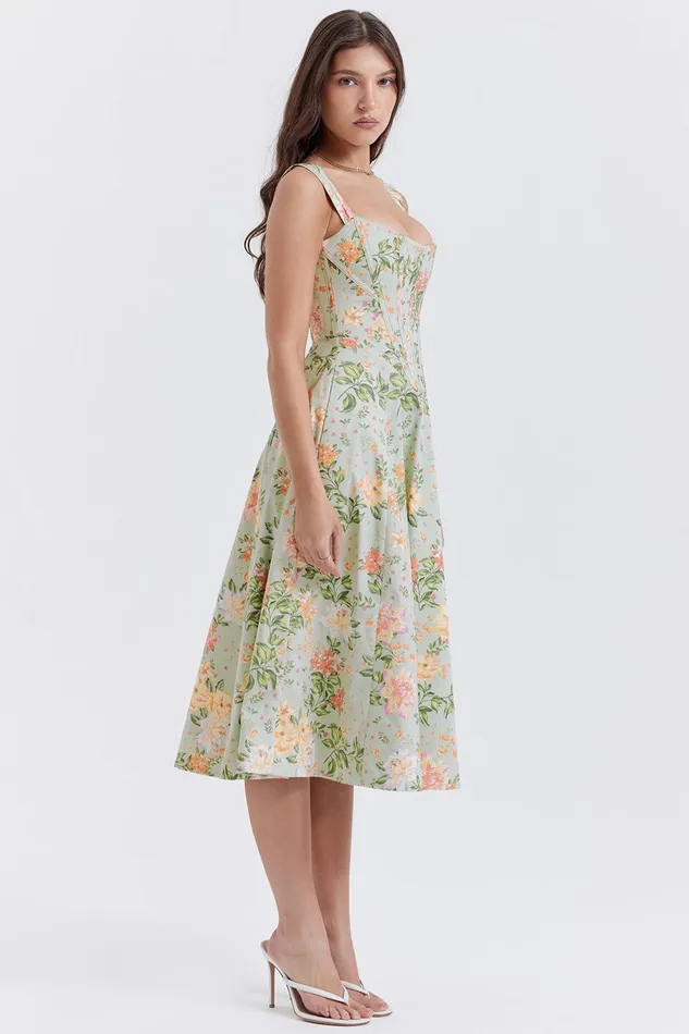 House Of CB SairaLight Jade Print Midi Sundress Light Women Corset Dresses