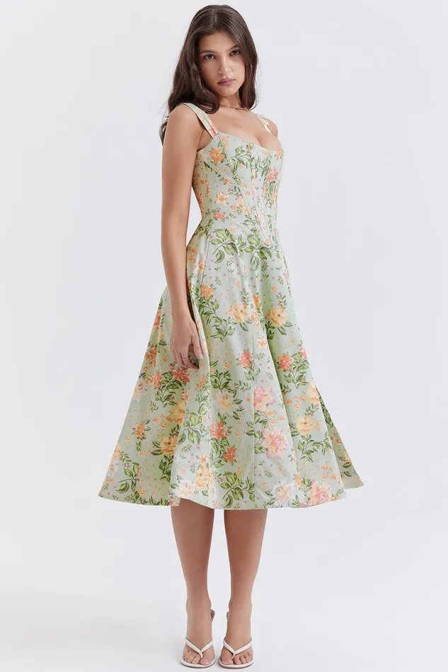 House Of CB SairaLight Jade Print Midi Sundress Light Women Corset Dresses