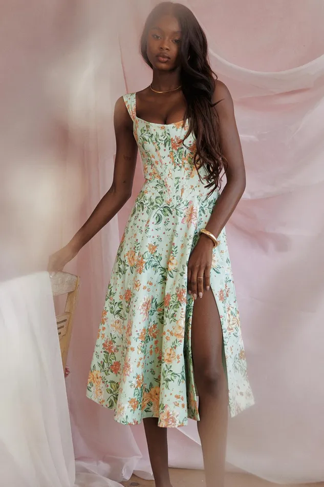 House Of CB SairaLight Jade Print Midi Sundress Light Women Corset Dresses