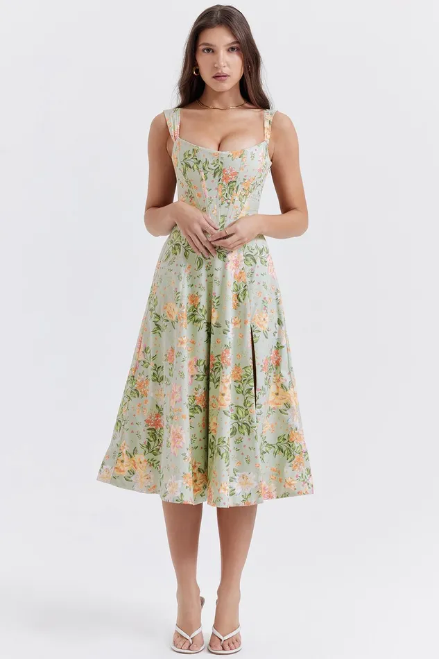 House Of CB SairaLight Jade Print Midi Sundress Light Women Corset Dresses