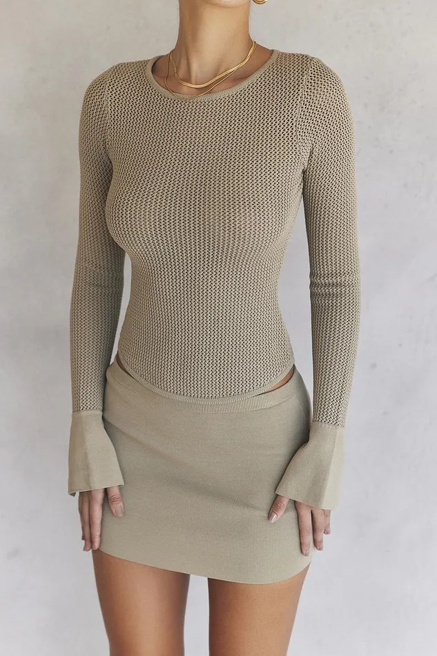 House Of CB SavannahTaupe Knit Long Sleeve Top Taupe Women Tops