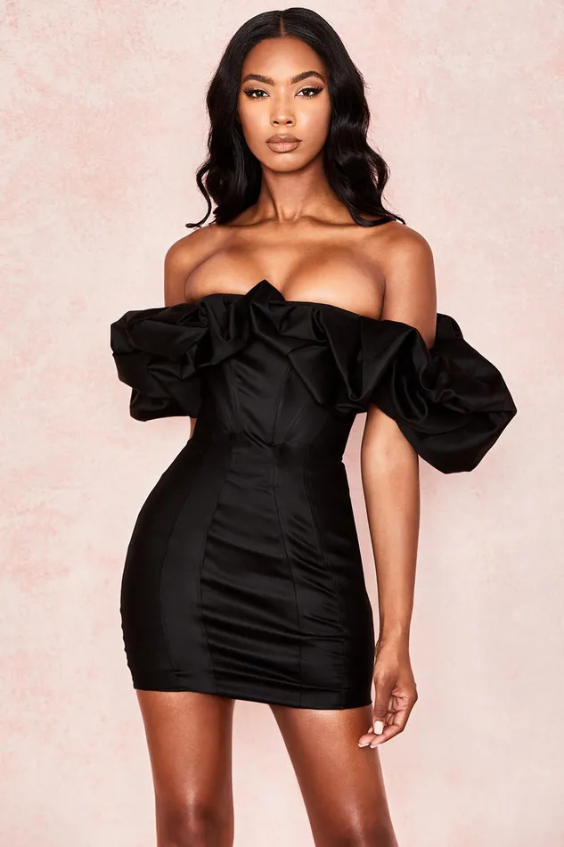 House Of CB SelenaBlack Satin Puff Shoulder Dress Black Women Mini Dresses
