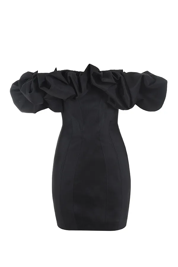 House Of CB SelenaBlack Satin Puff Shoulder Dress Black Women Mini Dresses