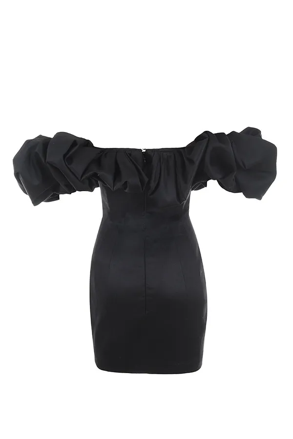 House Of CB SelenaBlack Satin Puff Shoulder Dress Black Women Mini Dresses