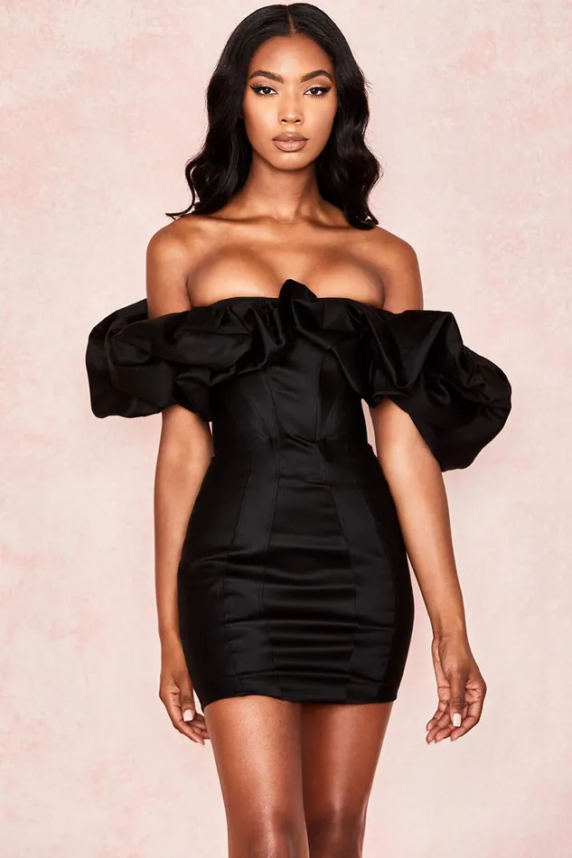 House Of CB SelenaBlack Satin Puff Shoulder Dress Black Women Mini Dresses