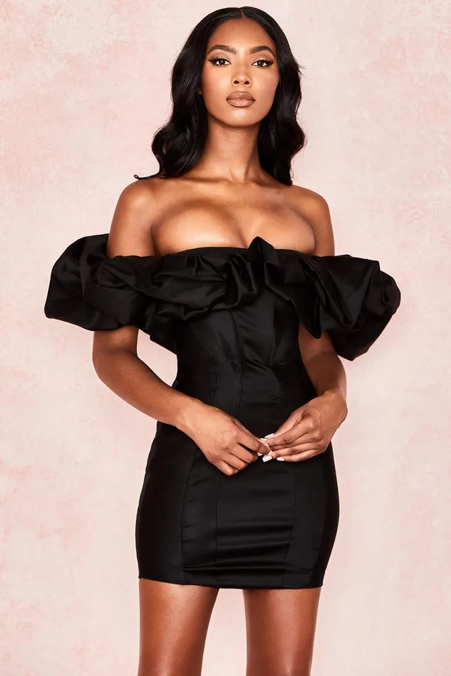 House Of CB SelenaBlack Satin Puff Shoulder Dress Black Women Mini Dresses