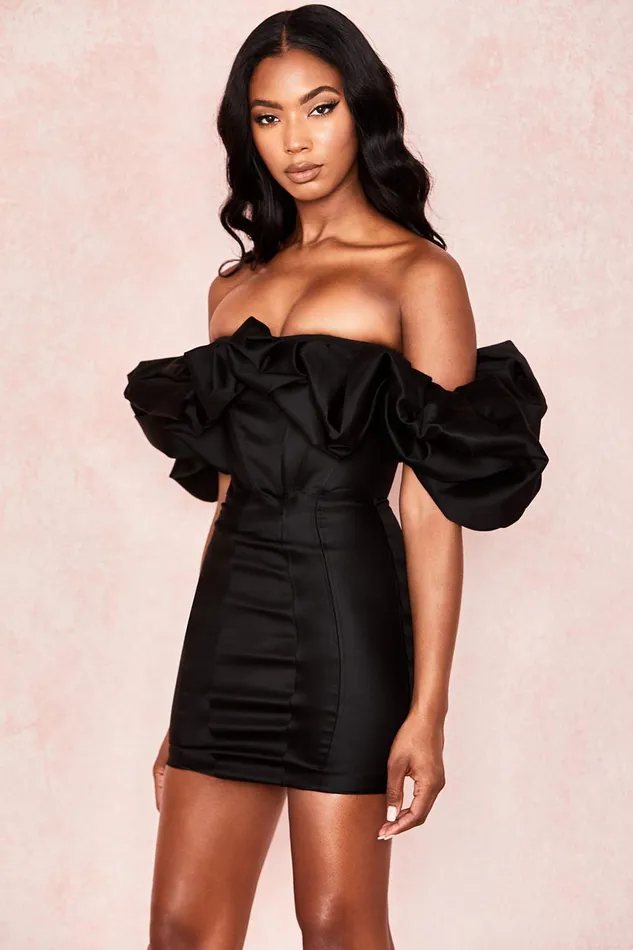 House Of CB SelenaBlack Satin Puff Shoulder Dress Black Women Mini Dresses