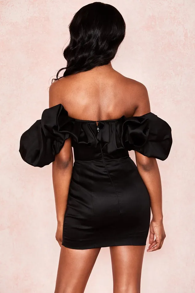 House Of CB SelenaBlack Satin Puff Shoulder Dress Black Women Mini Dresses