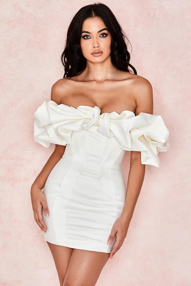 House Of CB SelenaIvory Satin Ruffle Strapless Dress Ivory Women Bodycon Dresses