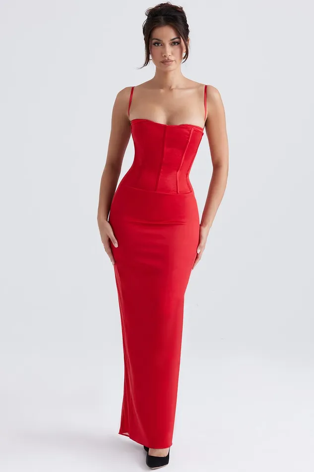 House Of CB ShaniRed Satin Corset Maxi Dress 8211 SALE Red Women Corset Dresses