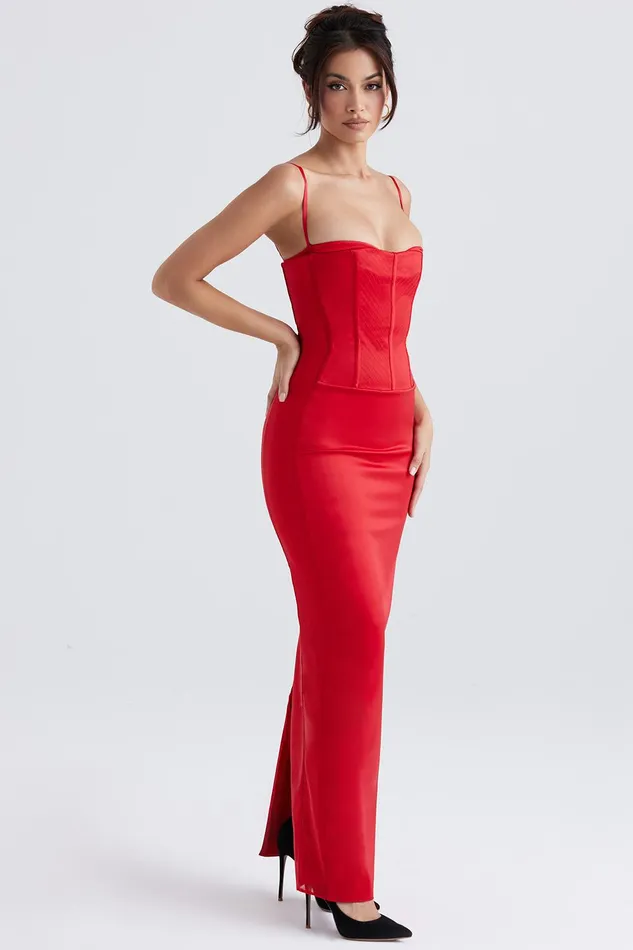 House Of CB ShaniRed Satin Corset Maxi Dress 8211 SALE Red Women Corset Dresses