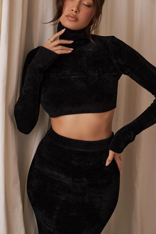 House Of CB SuriBlack Chenille Cropped Top 8211 SALE Black Women Tops