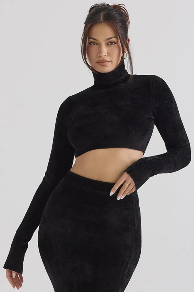 House Of CB SuriBlack Chenille Cropped Top 8211 SALE Black Women Tops