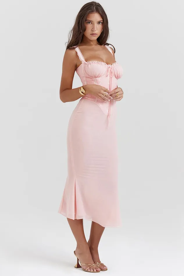 House Of CB SyrahSoft Peach Lace Back Midi Dress Soft Women Corset Dresses