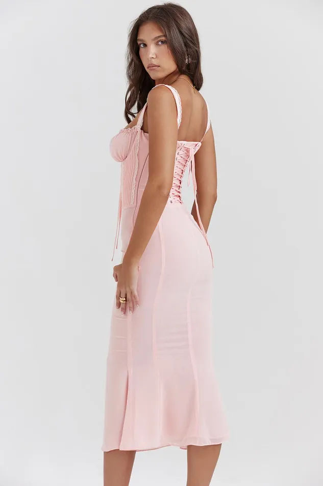 House Of CB SyrahSoft Peach Lace Back Midi Dress Soft Women Corset Dresses