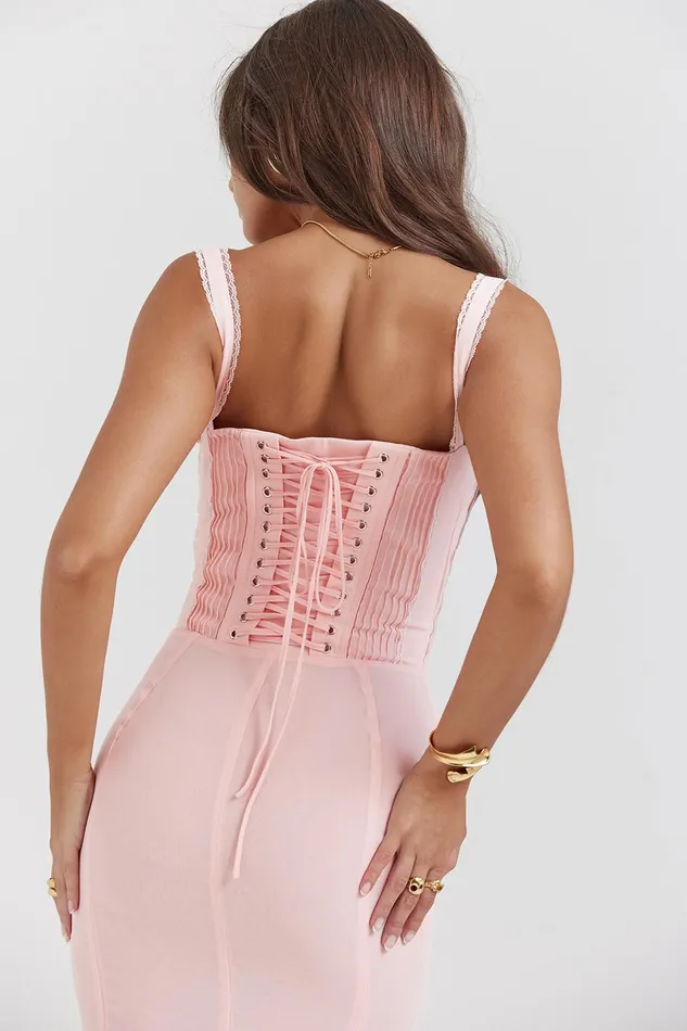House Of CB SyrahSoft Peach Lace Back Midi Dress Soft Women Corset Dresses