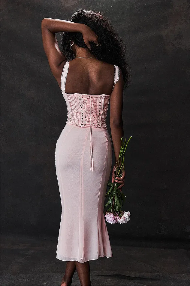House Of CB SyrahSoft Peach Lace Back Midi Dress Soft Women Corset Dresses