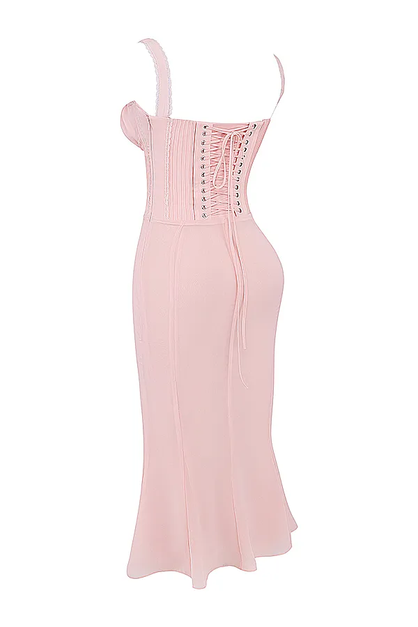 House Of CB SyrahSoft Peach Lace Back Midi Dress Soft Women Corset Dresses