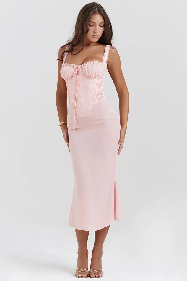 House Of CB SyrahSoft Peach Lace Back Midi Dress Soft Women Corset Dresses