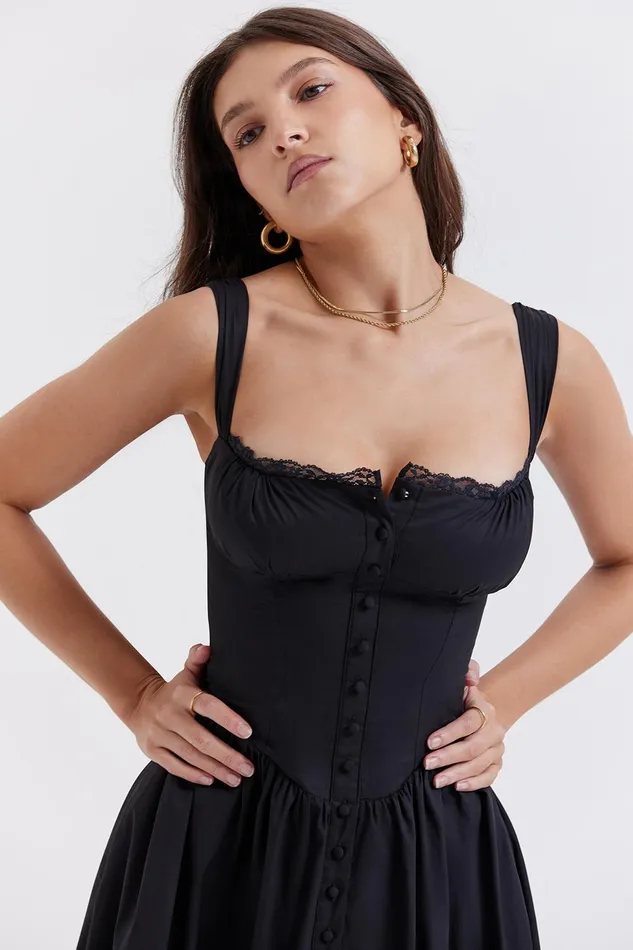 House Of CB TatianaBlack Midi Sundress Black Women Corset Dresses