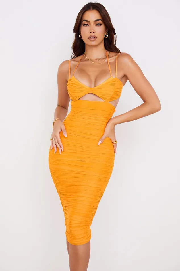 House Of CB TibiTangerine Cutout Ruched Midi Dress Tangerine Women Ruched Dresses