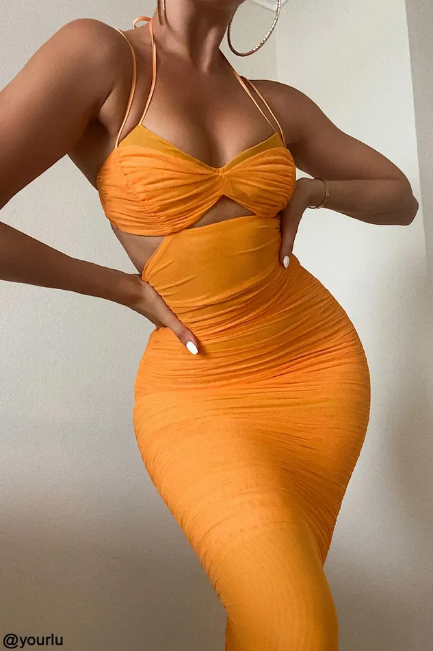 House Of CB TibiTangerine Cutout Ruched Midi Dress Tangerine Women Ruched Dresses