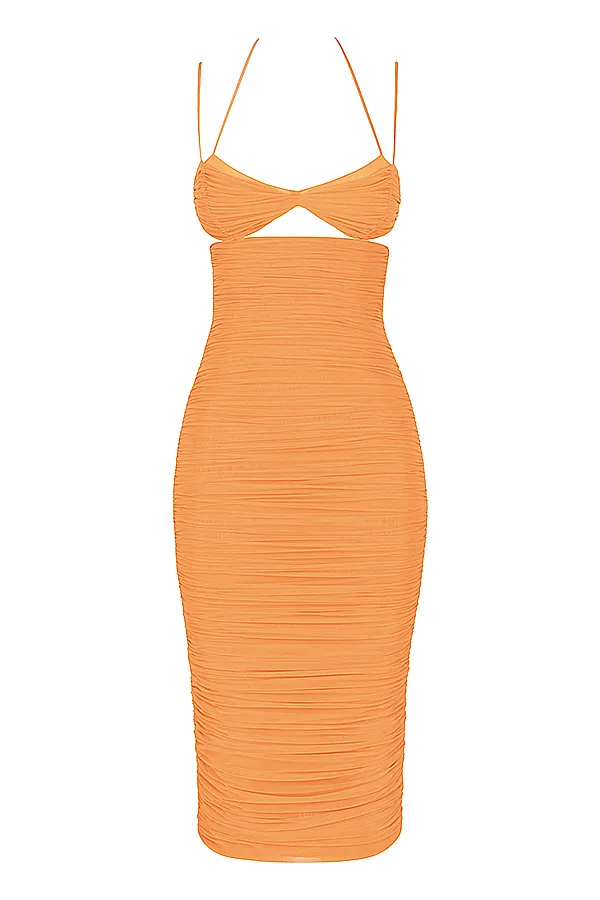 House Of CB TibiTangerine Cutout Ruched Midi Dress Tangerine Women Ruched Dresses