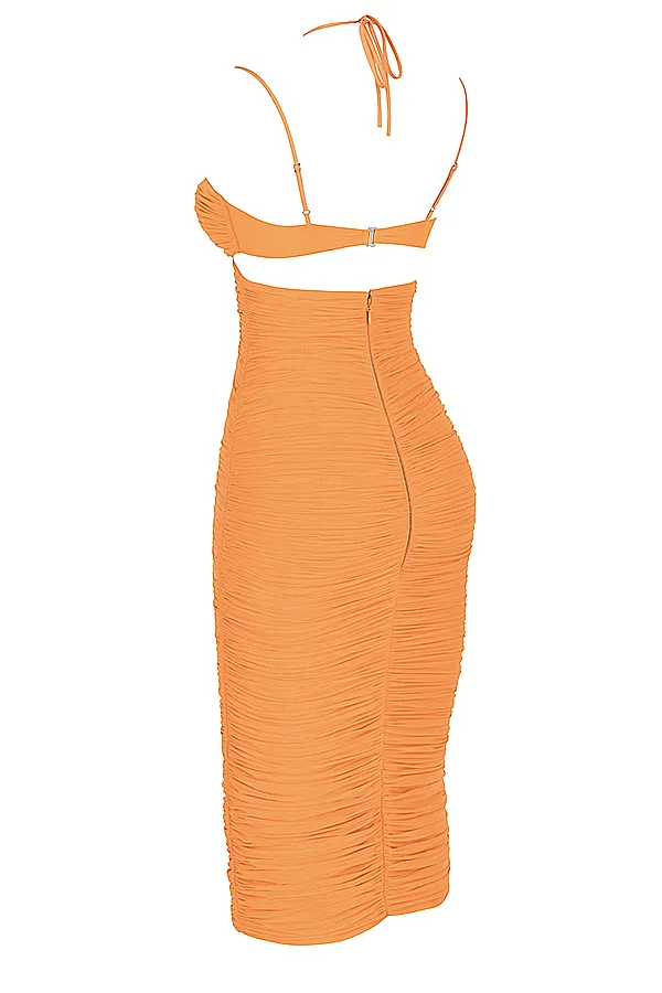 House Of CB TibiTangerine Cutout Ruched Midi Dress Tangerine Women Ruched Dresses
