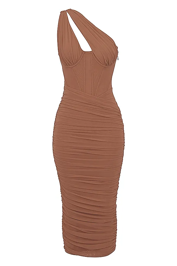 House Of CB ValentinaMocha Asymmetric Cutout Midi Dress 8211 SALE Mocha Women Bodycon Dresses