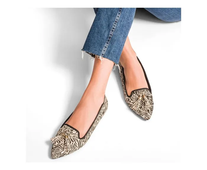 Hush Puppies Flats and SlipOns Women Sadie Tassel SlipOn Zebra Calf Hair Hush Puppies Flats and SlipOns Women Sadie Tassel SlipOn Zebra Calf Hair