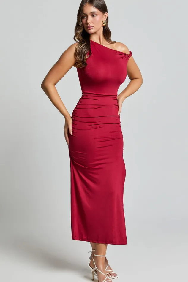Hyde Midi Dress 8211 Asymmetrical Twist Strap Off The Shoulder Dress In Berry Women Showpo Dresses
