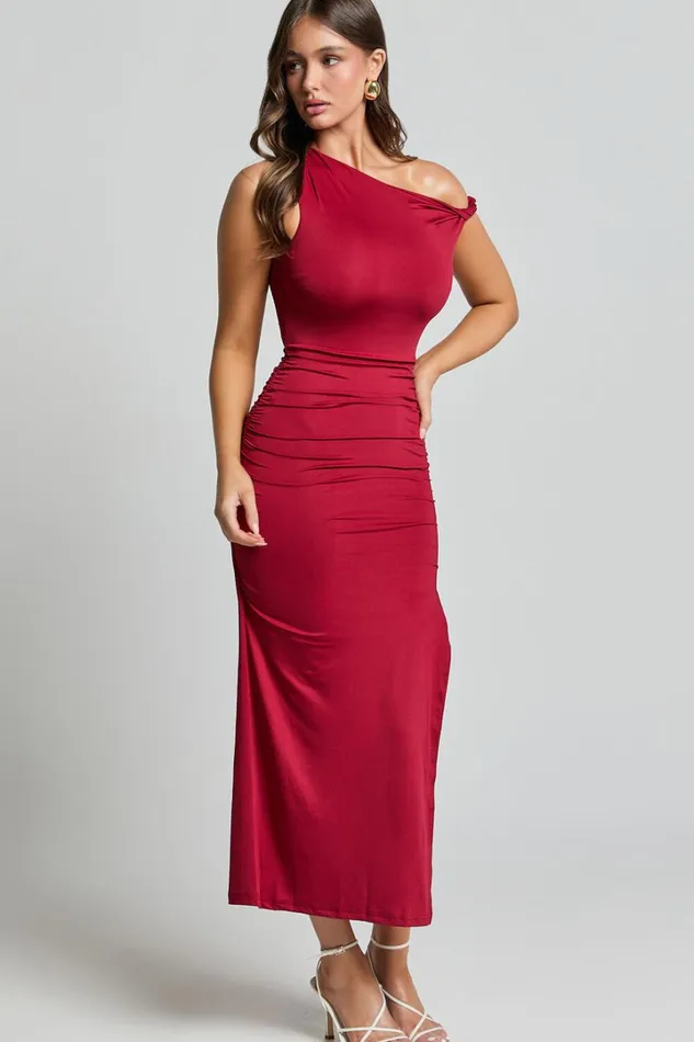 Hyde Midi Dress 8211 Asymmetrical Twist Strap Off The Shoulder Dress In Berry Women Showpo Dresses