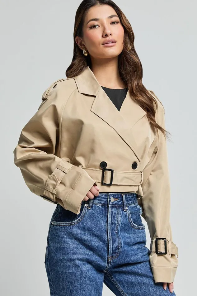 Indiana Trench Coat 8211 Double Breasted Tie Waist Cropped Coat In Beige Women Showpo Jackets and Coats