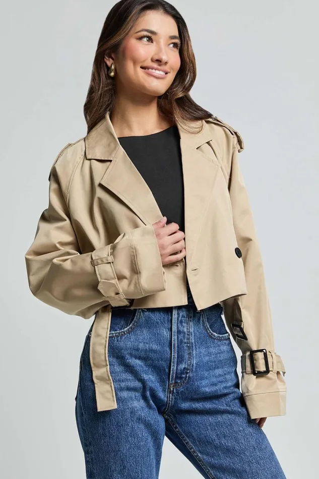 Indiana Trench Coat 8211 Double Breasted Tie Waist Cropped Coat In Beige Women Showpo Jackets and Coats