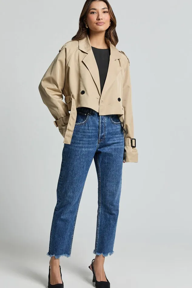 Indiana Trench Coat 8211 Double Breasted Tie Waist Cropped Coat In Beige Women Showpo Jackets and Coats