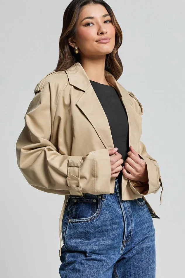 Indiana Trench Coat 8211 Double Breasted Tie Waist Cropped Coat In Beige Women Showpo Jackets and Coats