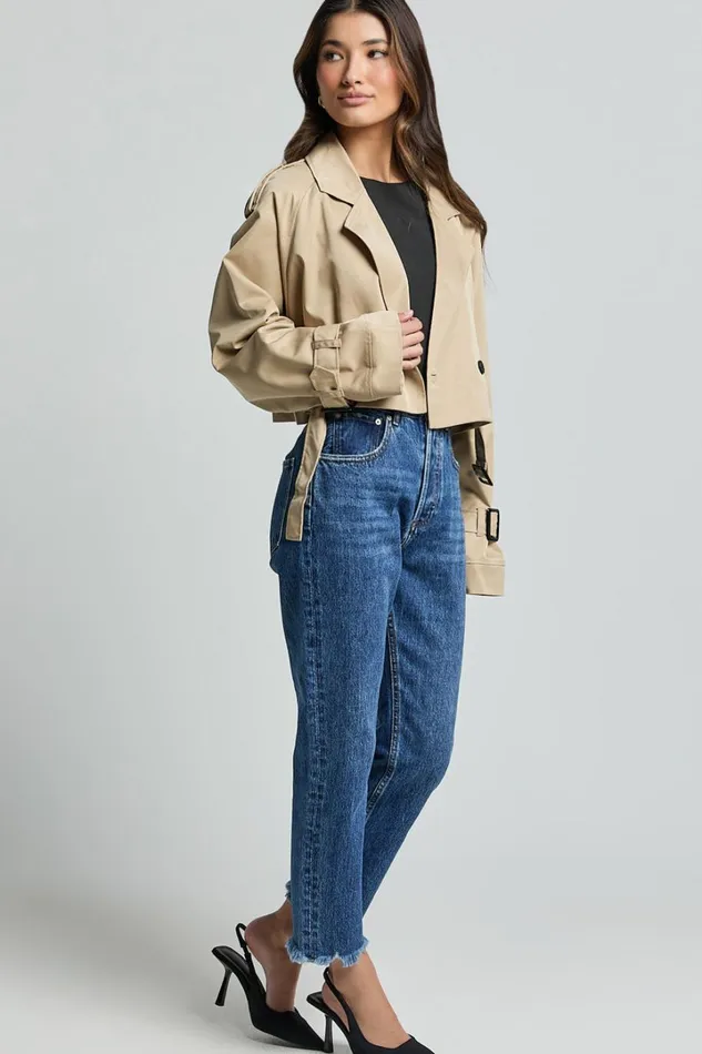 Indiana Trench Coat 8211 Double Breasted Tie Waist Cropped Coat In Beige Women Showpo Jackets and Coats