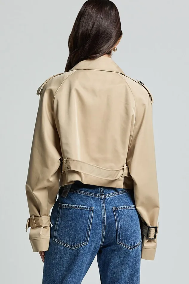 Indiana Trench Coat 8211 Double Breasted Tie Waist Cropped Coat In Beige Women Showpo Jackets and Coats
