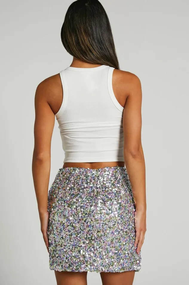 Ingrid Mini Skirt 8211 Sequin Skirt In Rainbow Silver Women Showpo Skirts