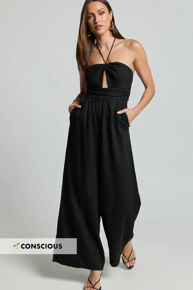 Isla Jumpsuit 8211 Linen Look Halter Neck Jumpsuit In Black Women Showpo Conscious