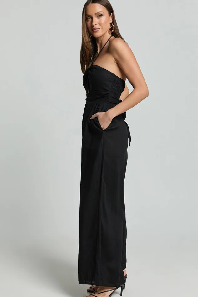 Isla Jumpsuit 8211 Linen Look Halter Neck Jumpsuit In Black Women Showpo Conscious