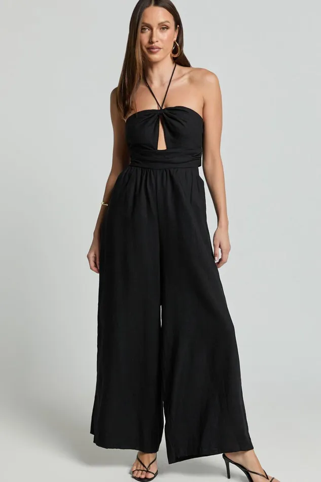 Isla Jumpsuit 8211 Linen Look Halter Neck Jumpsuit In Black Women Showpo Conscious