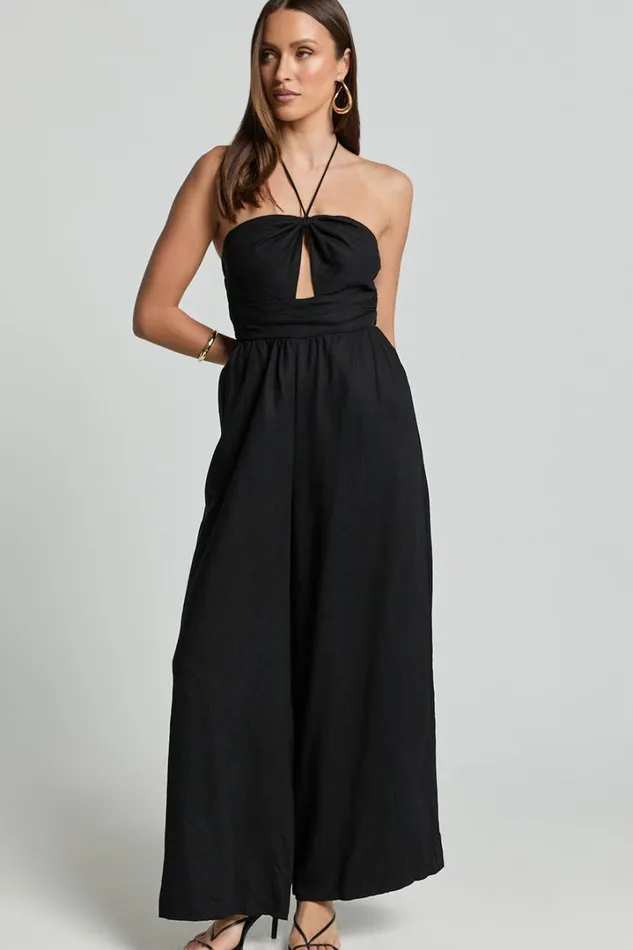Isla Jumpsuit 8211 Linen Look Halter Neck Jumpsuit In Black Women Showpo Conscious