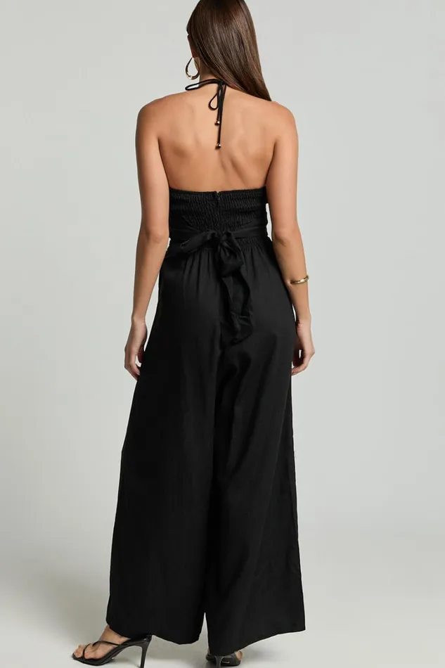 Isla Jumpsuit 8211 Linen Look Halter Neck Jumpsuit In Black Women Showpo Conscious