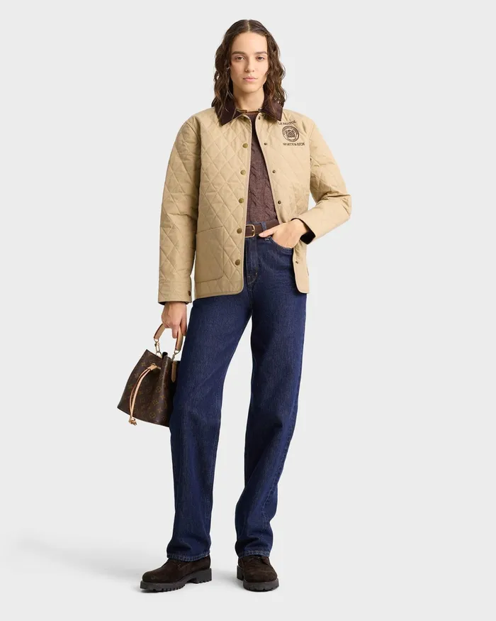 Jackets Women Sporty and Rich Crest Seal 100th Quilted Jacket 8211 BeigeChocolate