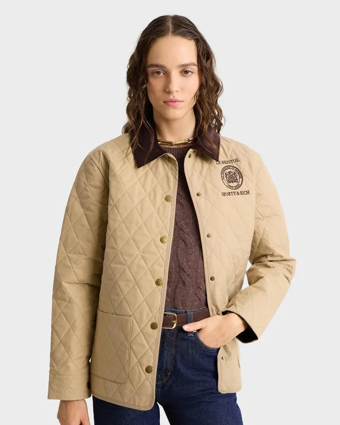 Jackets Women Sporty and Rich Crest Seal 100th Quilted Jacket 8211 BeigeChocolate