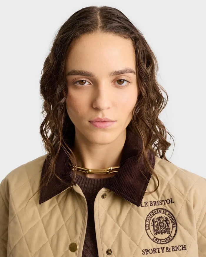Jackets Women Sporty and Rich Crest Seal 100th Quilted Jacket 8211 BeigeChocolate
