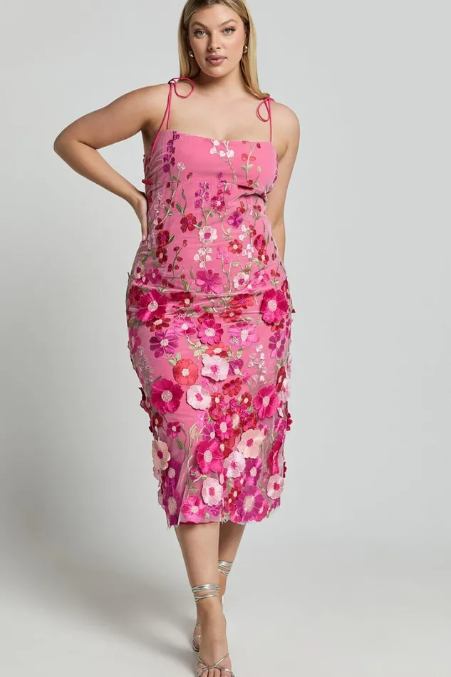Jamich Midi Dress 8211 Straight Neck Tie Strap Pencil Dress In Magenta Women Showpo Curve Clothes