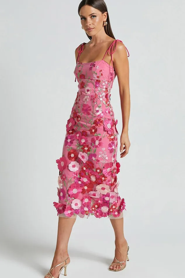 Jamich Midi Dress 8211 Straight Neck Tie Strap Pencil Dress In Magenta Women Showpo Curve Clothes