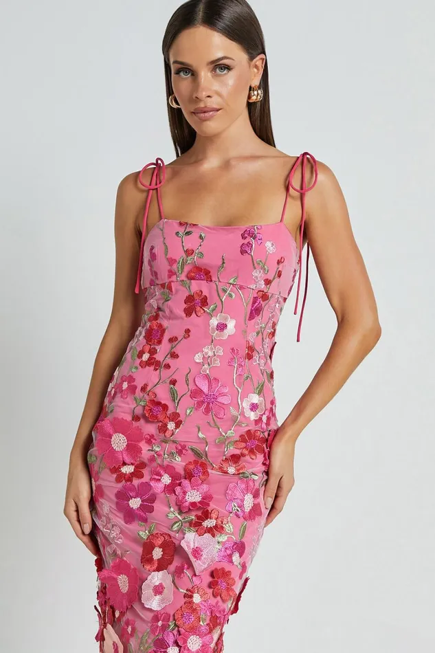 Jamich Midi Dress 8211 Straight Neck Tie Strap Pencil Dress In Magenta Women Showpo Curve Clothes